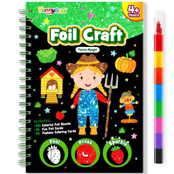 FUNNYB&G Foil Craft Activity for Kids: Foil Art Farm DIY Toy Kit, No Mess Creative Travel Supply Set, Idea Birthday Christmas Valentine Gift for Girl Boy Children 4 5 6 7 8 9 Year Old