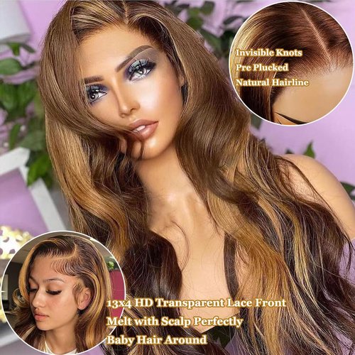 REMY FORTÉ Highlight Ombre Lace Front Wig Human Hair Pre Plcuked 13x4 Body Wave Lace Front Wigs 180% Density 4/27 Colored Honey Blonde HD Lace Frontal Wigs for Women Glueless Wigs Human Hair 26 Inch