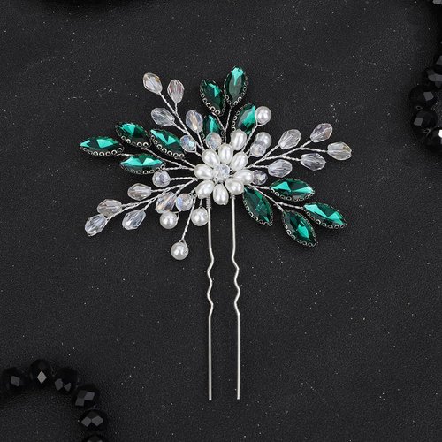Teyglen Flower Bridal Hair Pin Crystal Flower Wedding Hair Piece Handmade Green Rhinestone Pearl Beads Hair Pins Clips Vinatge Headpiece Floral Hair Accessories for Women Bride Girls