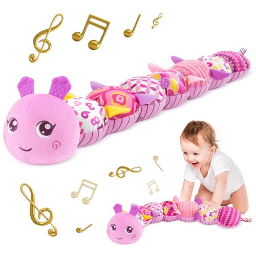 TURKIDS Infant Baby Musical Stuffed Animal Activity Soft Toys with Multi-Sensory Crinkle, Rattle and Textures for 0-3-6-12 Months Developmental Toys, Caterpillar, Purple
