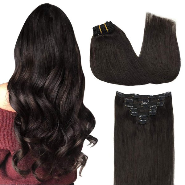 GOO GOO Clip in Hair Extensions Real Human Hair, 14inch 120g 7Pcs, 2 Dark Brown, Remy Human Hair Extensions Clip ins for Women, Natural Human Hair
