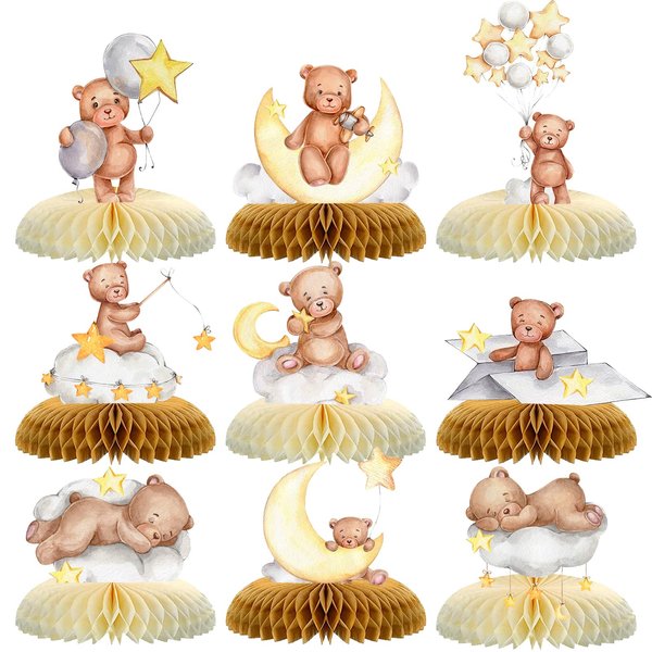 9 Pcs Bear Baby Shower Honeycomb Centerpieces Party Decorate Little Bear Teddy Paper Fan Table Topper Honeycomb 3D Table Decoration for Kids Party Baby Shower Wedding Party Supplies