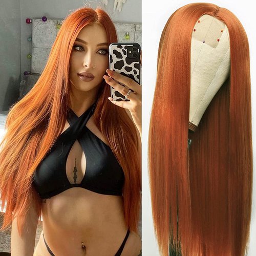 Fugady Ginger Wigs Cooper Red Wig Straight Wig Middle Part Orange Lace Front Wigs for White Women Straight Wig with Baby Hair Copper Red Wig Heat Resisant (Synthetic 24 Inches)