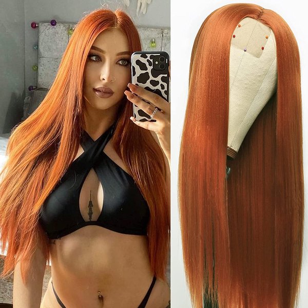 Fugady Ginger Wigs Cooper Red Wig Straight Wig Middle Part Orange Lace Front Wigs for White Women Straight Wig with Baby Hair Copper Red Wig Heat Resisant (Synthetic 24 Inches)