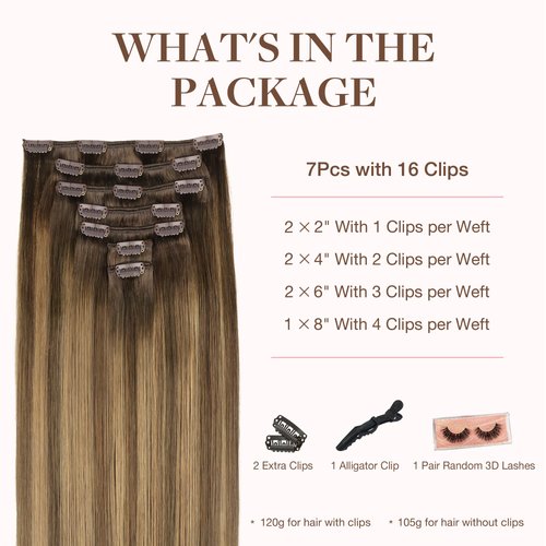 GOO GOO Clip in Hair Extensions Real Human Hair, 18inch 120g 7Pcs, 4D/14/5B Brunette Balayage, Remy Human Hair Extensions Clip ins for Women, Natural Human Hair