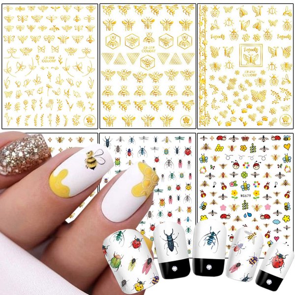 Cute Honeybee Nail Art Stickers, 3D Little Animal Self-Adhesive Sticker Cartoon Bee Nail Art Decals Holographic Gold Bee Nail Decal Design for Women Girls Manicure Decoration DIY Nail Sticker Supplies