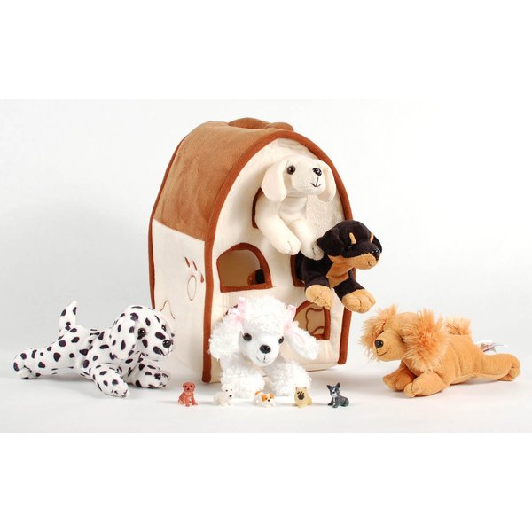 SFS Gift Bundle Unipak 12" Plush Dog House Carrying Case with 5 Stuffed Animal Dogs (Dalmatian, Yellow Labrador Retriever, Rottweiler, Poodle, and Cocker Spaniel) + 5 Cute Mini Puppy Figures