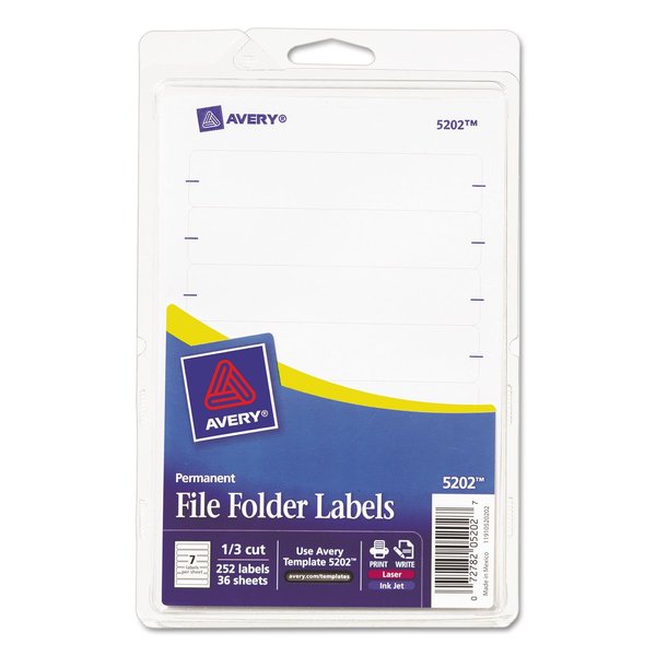 Avery® Print-Or-Write Permanent Inkjet/Laser File Folder Labels, 5202, 5/8" x 3 1/2", White, Pack Of 252