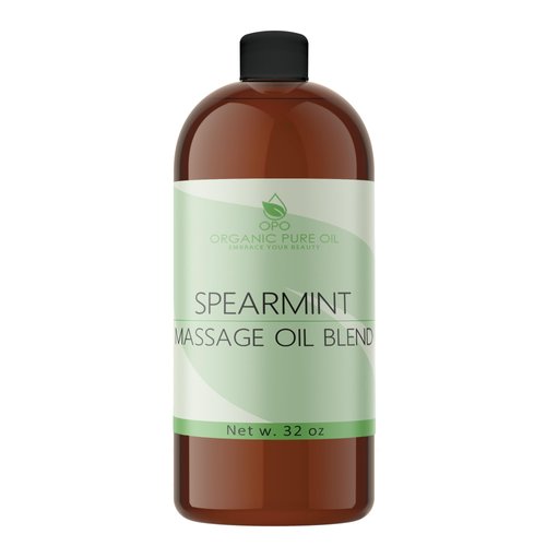 Spearmint Massage Oil Blend - Natural, Non-GMO, Spearmint Essential Oil Mix of Jojoba, Argan, Grapeseed & More - 32 oz Bulk - Soothing, Deep Tissue, Muscles, Sensual Relaxation