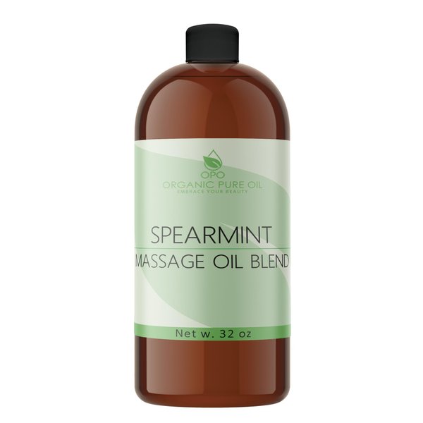 Spearmint Massage Oil Blend - Natural, Non-GMO, Spearmint Essential Oil Mix of Jojoba, Argan, Grapeseed & More - 32 oz Bulk - Soothing, Deep Tissue, Muscles, Sensual Relaxation