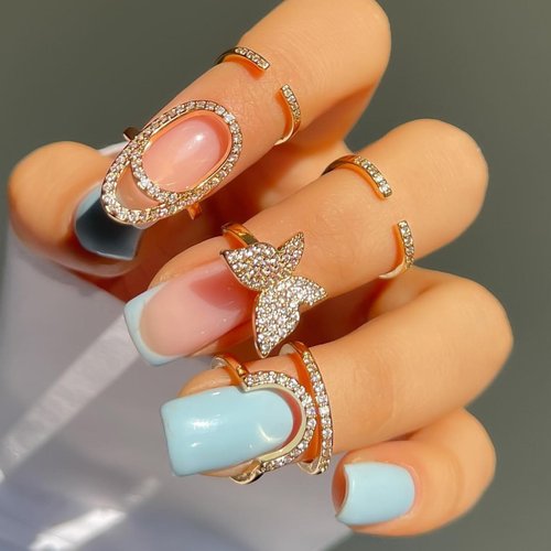 SMUOBT 3PCS Nail Ring for Women Rhinestone Tip Nail Rings Jewelry Fingertip,Nail Art Charms Accessories False Nail Crystal Gold Fingernail Rings for Gifts