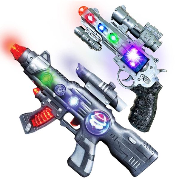 LED Light Up Toy Gun Set by Art Creativity - Includes 12.5 Inch Assault Rifle, 9 Inch Hand Pistol and Batteries - Super Ray Gun Blasters with Colorful Flashing LEDs and Sound - Cool Play Toy for Kids