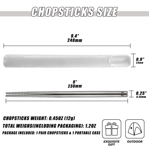 Carimee Titanium Chopsticks 1 Pair with Carry Case, 9” Lightweight Chopsticks reusable, Travel utensils, Non-Slip, Dishwasher Safe, Eco-Friendly, Portable, Gifts Set- White Case