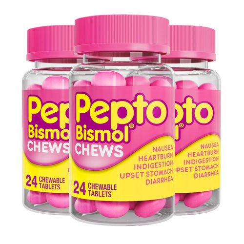 Pepto Bismol Chews, Fast and Effective Digestive Relief from Nausea, Heartburn, Indigestion, Upset Stomach, Diarrhea, 72 Total (3 Packs of 24)
