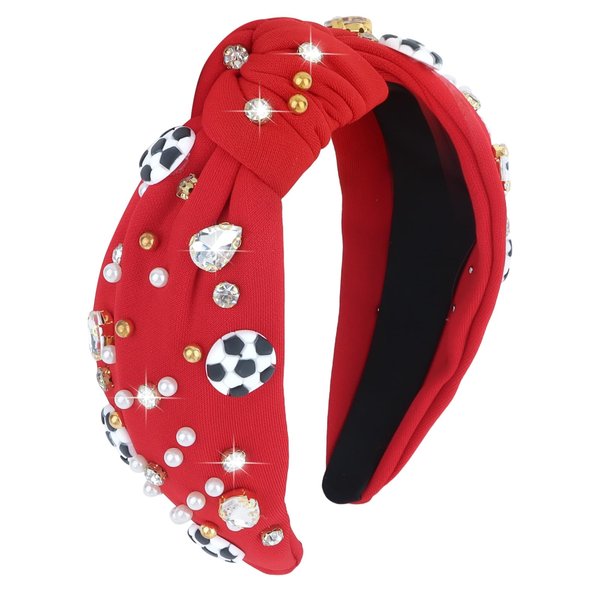 YARIEW Soccer Headband for Women Wide Knotted Headband for Women Girls Adjustable Non Slip Top Knot Headband for Women Stretch Elastic Head Band Soccer Accessories Game Day (Red)