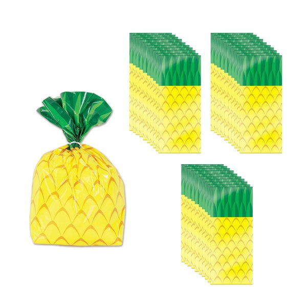 Beistle 75 Piece Tropical Treat Favor Bags - Luau Party Pineapple Cello Candy Bags With Twist Ties, Yellow/Green