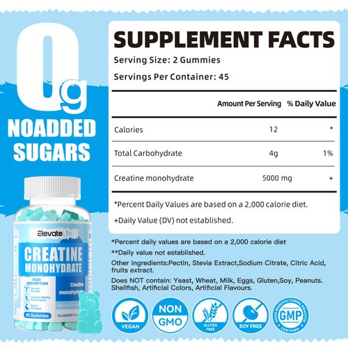 ElevateLife Creatine Monohydrate Gummies 5000mg for Men & Women, Chewables Creatine Monohydrate for Muscle Strength, Muscle Builder, Energy Boost, Pre-Workout Supplement(90 Count)-Blueberry