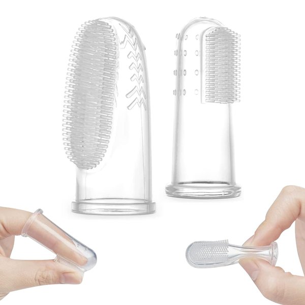 haakaa Silicone Baby Finger Toothbrush Set -360º Bristle for Baby Oral Gum Cleaning| Baby Teething Training| Newborn Oral Massager, BPA Free,2PK - 0m+Babies - Clear