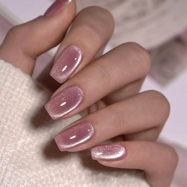 Pink Press on Nails Short Square Fake Nails Cat Eye False Nails with Design Pink Glitter Stick on Nails Full Cover Glossy Acrylic Artificial Nails Obmre Pearl Glue on Nails for Women Manicure 24Pcs