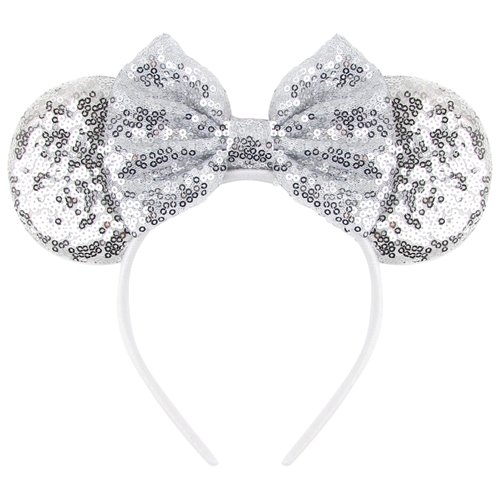 bianbaistar Mouse Ears Headband for Women Velvet Hair Bow White Angle Headwear for Girls & Boys - Sparkle Sequins Hair Bands with Big Mouse Ears Essencial Accessories for Trip (White Bow)