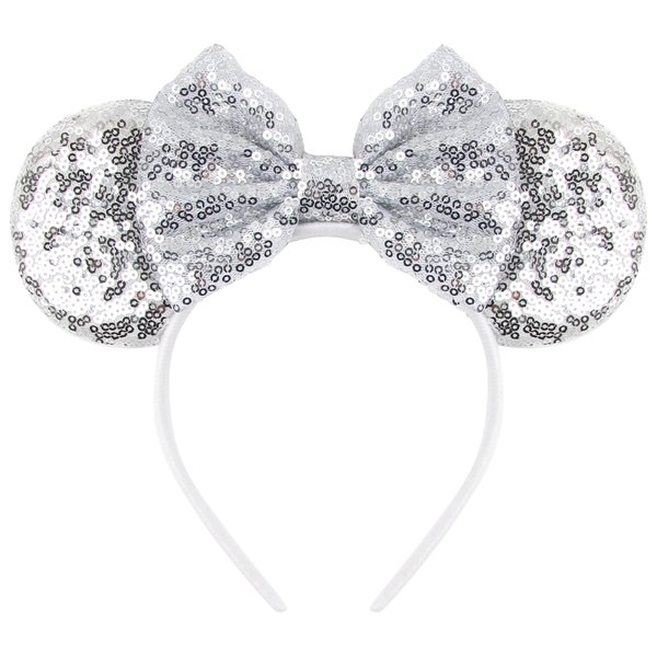 bianbaistar Mouse Ears Headband for Women Velvet Hair Bow White Angle Headwear for Girls & Boys - Sparkle Sequins Hair Bands with Big Mouse Ears Essencial Accessories for Trip (White Bow)