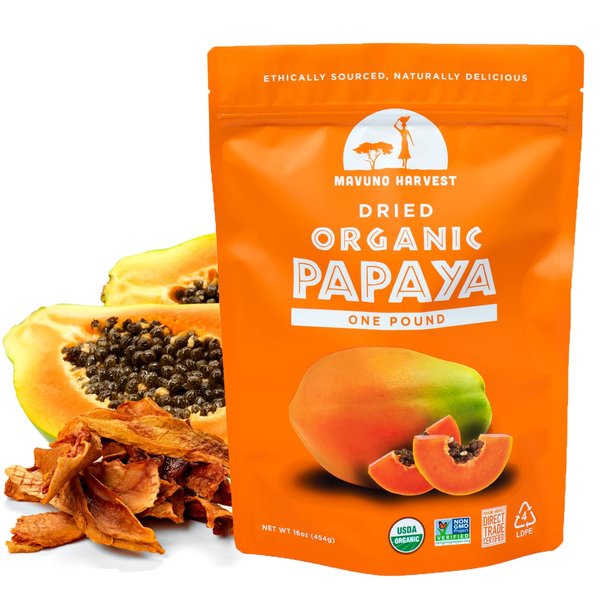 Mavuno Harvest Papaya Dried Fruit Snacks | Organic Dried Papaya Slices | Gluten Free Healthy Snacks for Kids and Adults | No Sugar Added, Vegan, Non GMO, Direct Trade | 1 Pound Resealable Bag