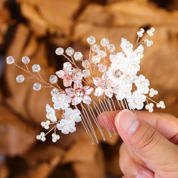 Urieo Wedding Flower Rhinestone Hair Comb Rose Gold Pearl Bride Hair Side Combs Bridal Sparkly Crystal Hair Accessories for Women and Girls