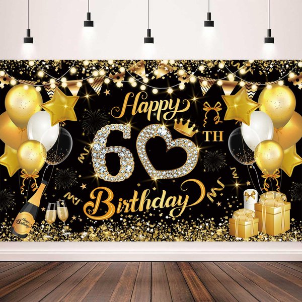 6x4FT 60th Happy Birthday Backdrop Happy Birthday Banner, Glitter Black Gold Birthday Backgrounds Banners Black Gold for Birthday Party Decoration Supplies(Birthday-60th)