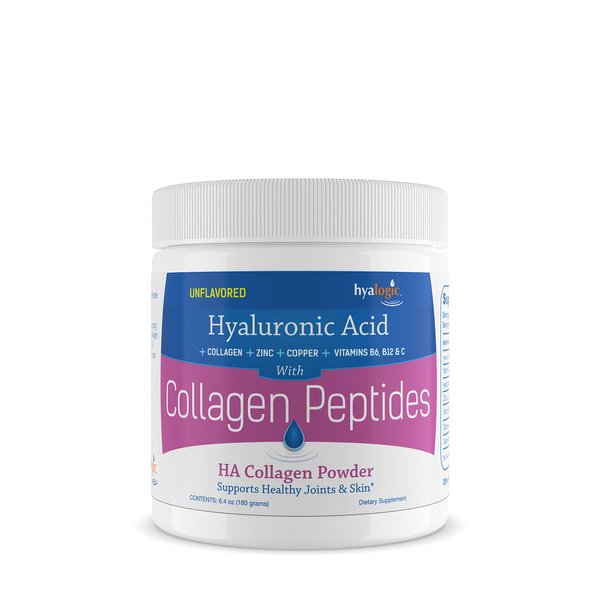Hyalogic Collagen Peptides Powder w/Hyaluronic Acid, Hydrolyzed Types 1 & 3, Grass Fed, Keto Protein Powder Supplement for Hair Growth, Skin, Nails, Joints Unflavored Easy to Mix 6.4 oz (180 gr.)