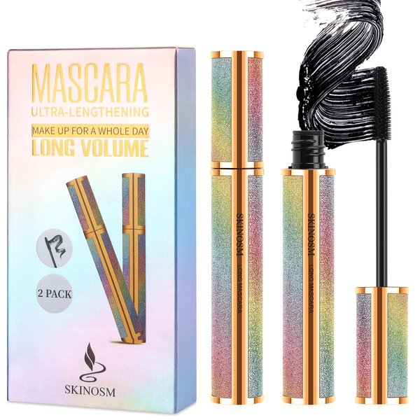 2 Pack Mascara Black Volume and Length Lasting All Day, 4D Silk Fiber Lash Mascara, Waterproof Mascara Lengthening No Clumping, No Smudging & Easy to Remove