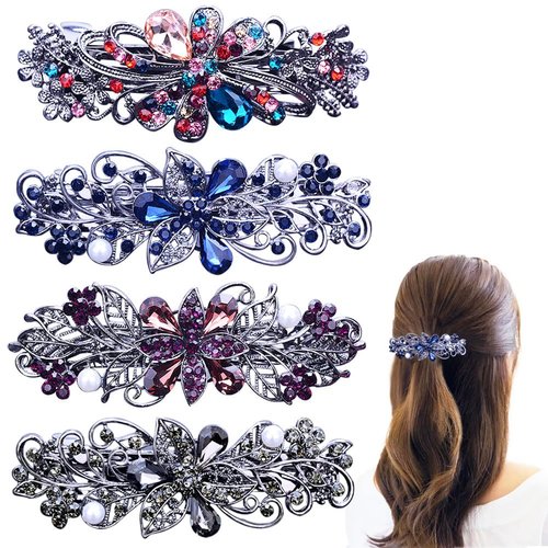 4 PCS Hair Barrettes for Women Ladies, Flower Crystal Rhinestones Barrettes Pearl Spring Hair Clip Accessories Women Fashion Ponytail Holders Barrettes for Daily Wear Mothers Day Gifts