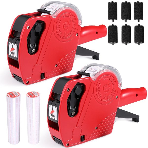 Lineba MX5500 Price Tag Gun, 2 Packs Pricing Guns with 10,000 Label Stickers & 6 Extra Ink Rollers, 8 Digits Label Maker Pricing Label Gun Kit, Red Numerical Tag Gun for Grocery Retail Store & Office