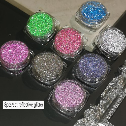 Reflective Glitter Powder Set, 8 Colors Sparkle Diamond Nail Glitter Dust, Silver Pink Purple Green Loose Glitter for Nails, Shiny Sugar Nail Powder Dipping Pigment, Nail Supplies