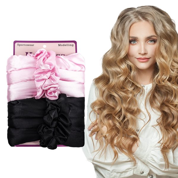 Heatless Hair Curling Rod Headband for Women Lazy Curler Set,2 Sets No Heat Magic Curling Wand for Overnight,Scrunchies Silk Wave Medium Long Hair Roller Curls Hair Styling Tool Sets (Black + Pink)