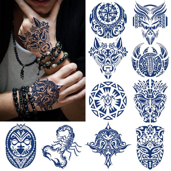 CUTELIILI Aztec and Viking Style Temporary Tattoos for Men, Blue Fake Tattoos for the Back of Hands and Forearms, 10 Pcs Realistic Tribal Totem Tattoo Stickers