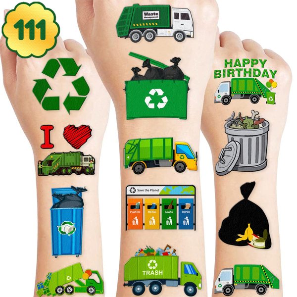 111 PCS Garbage Truck Trash Temporary Tattoos Themed Birthday Party Supplies Decorations Favors Decor Cute Waste Management Recycling Tattoo Stickers Gifts For Kids Boys Girls Class Prizes Carnival