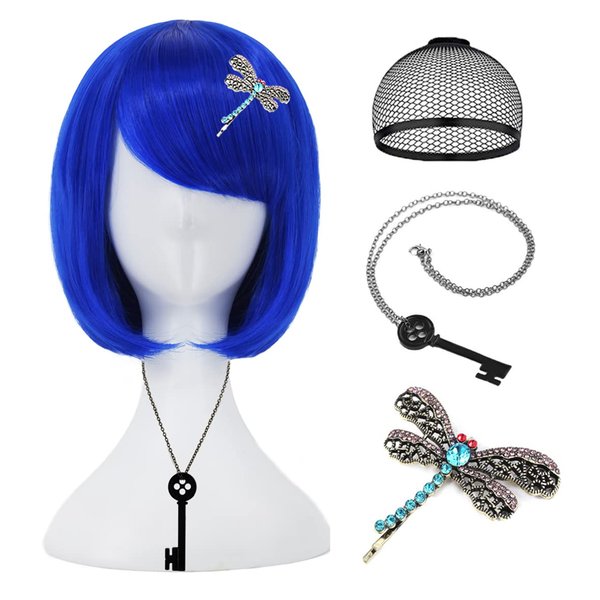 Juziviee Blue Coraline Wig Short Bob Wig with Hairpin Necklace for Coraline Costume Women Girls Cute Soft Hair Wig with Wig Cap JZ033BL