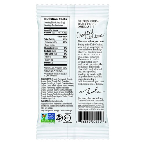 Elemental Superfood Seedbars, Dark Chocolate + Almond Butter, 1.8 Ounce - 12 Pack, 100% Certified Organic, Non-GMO Verified, Gluten Free, Dairy Free, Plant Based