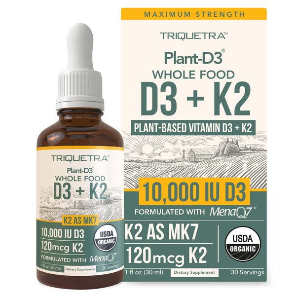 Organic Plant D3 + K2 - 10,000 iu D3 - All-Trans MK7 from MenaQ7 (120 mcg K2) - 100% Organic & Plant-Based Sublingual D3 Drops (Cholecalciferol), 100% Vegan - Supports Immunity, Bone, Mood & Brain