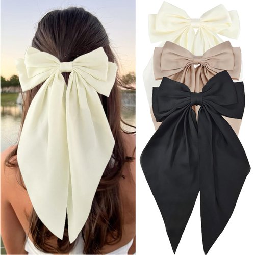 YosaiHom Silky Satin Oversized Long Tail Bow Claw Hair Clips, Cute Accessories for Girls (3PCS-B)