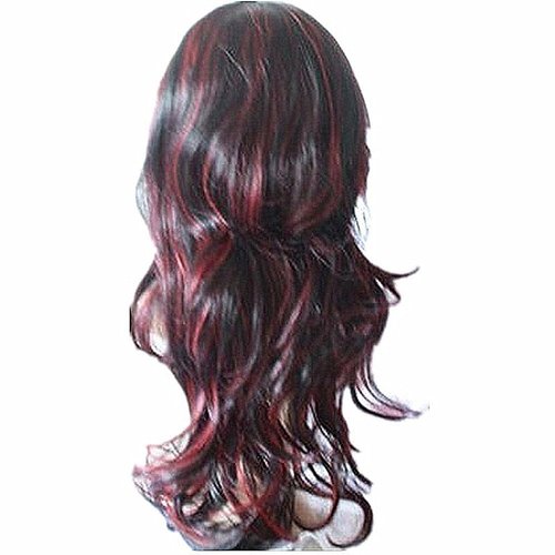 WeAlake Long Hair Wigs Wavy Curly 24" Glamorous Women Black Red Highlights Synthetic Cosplay Daily Party Clothing Wig with Wig Cap