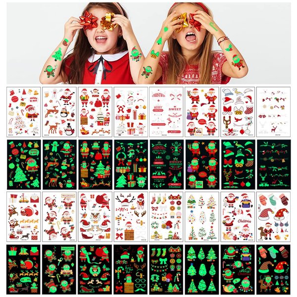 Awinmay luminous Christmas Temporary Tattoos for Kids - 240 Pieces Bulk Christmas Tattoos for Boys and Girls,Xmas Holiday Stickers Christmas Party Favor for Kids Stocking Stuffers and Gifts 16 Sheets