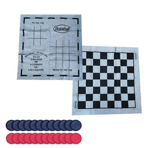 3-in-1 Vintage Giant Checkers and Tic Tac Toe Game with Reversible Mat, 24 Chips, Family Board Game & Yard Game, Lawn Game, BBQ Party Favor, Indoor and Outdoor Activity for Family