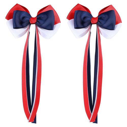 SUPCLIPS 4th of July Hair Bow Clips with Long Tails, Independence Day Handmade Hair Clips, Patriotic Hair Accessories for Kids Girls(Red&White&Navy Blue)