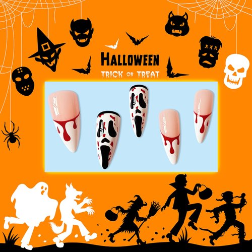 Rchovsam Halloween Scream Grimace Press on Nails White French Long Almond Fake Nails Bleed Design Glue on Nails Full Cover Gel Nails Kit for Womens 24pcs