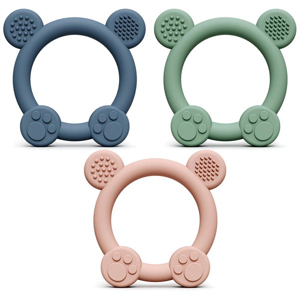 PandaEar 3 Pack Baby Teething Toys Silicone for Babies 0-6 Months, Baby Teething Rings 6 to 12 Months, Silicone Baby Teether BPA Free, Teething Relief Soothing Sore Gums and Easy to Hold