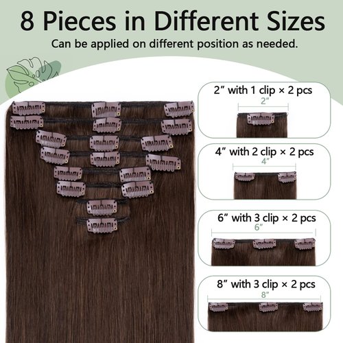 Clip in Hair Extensions Human Hair Full Head 8 Pieces 18 Clips 100% Real Silky Human Hair 22"-110g Medium Brown (#4)