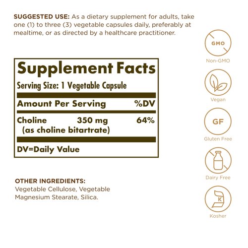 Solgar Choline 350 mg - 100 Vegetable Capsules, Pack of 2 - Non-GMO, Vegan, Kosher - 200 Total Servings