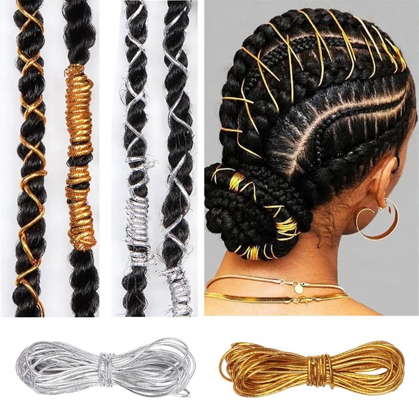 Hair Strings for Braids Elastic Cords Dreadlocks Gold Silver Stretchable Hair Wrap Styling Ornament Hanging Decorating Party Supplies 2 Pcs 5 M