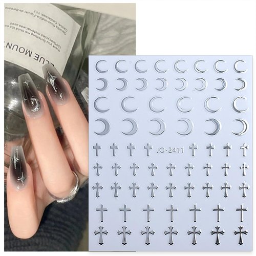 8 Sheets Silver Nail Art Stickers Decals Angel Wings Crosses Nail Stickers Sun Stars Moon Totem Design Nail Decals 3D Self-Adhesive Nail Stickers for Women Manicure Decoration